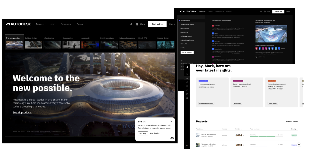Autodesk interfaces composed together — homepage, product catalog and customer dashboard