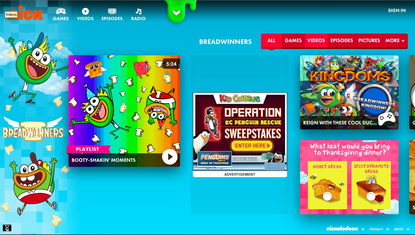 Breadwinners franchise page on Nick.com