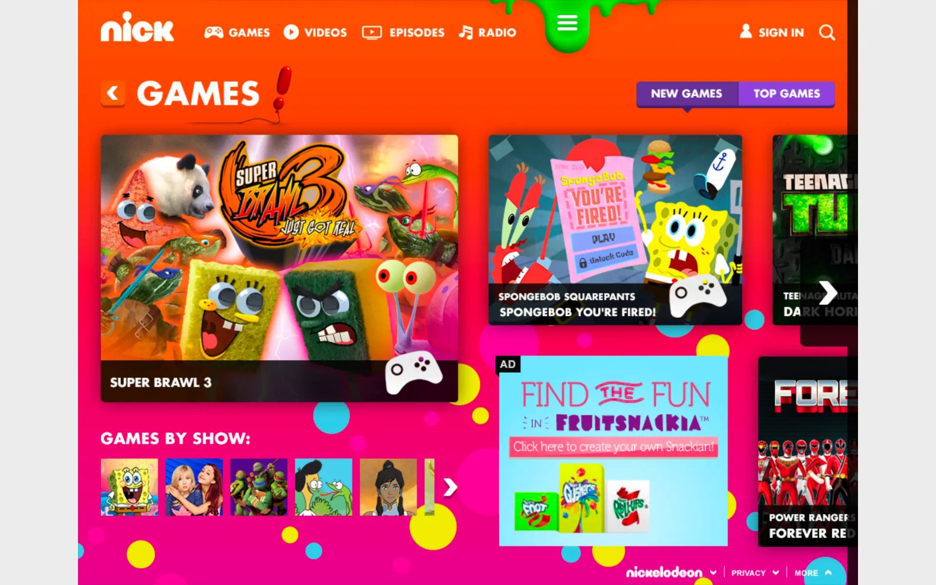 Nick.com games browsing with featured games and games by show