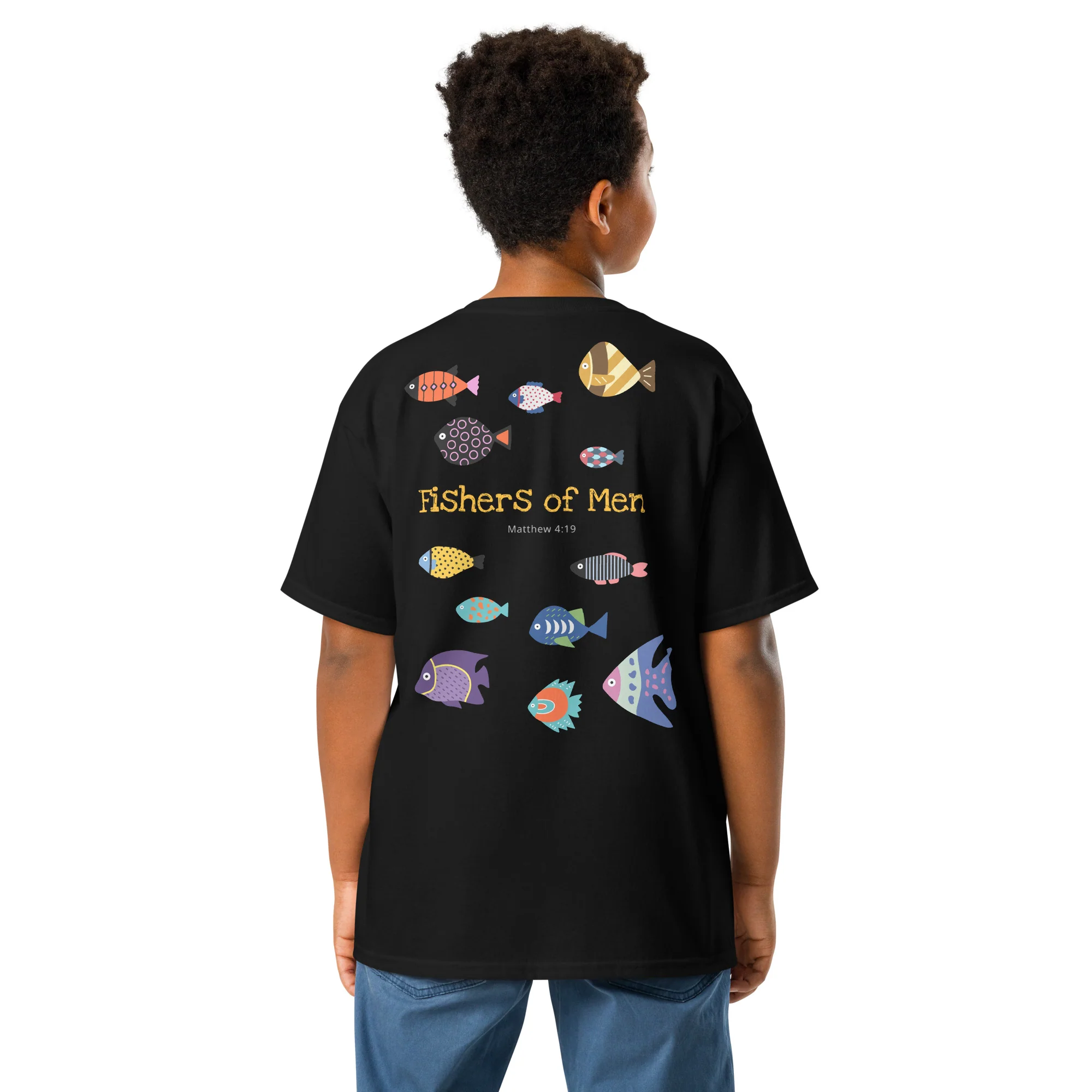 Back view of the black youth King of Kings “Fishers of Men” T-shirt