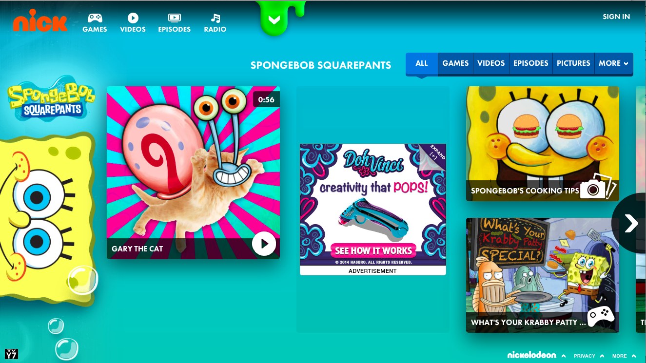 SpongeBob SquarePants franchise page on Nick.com