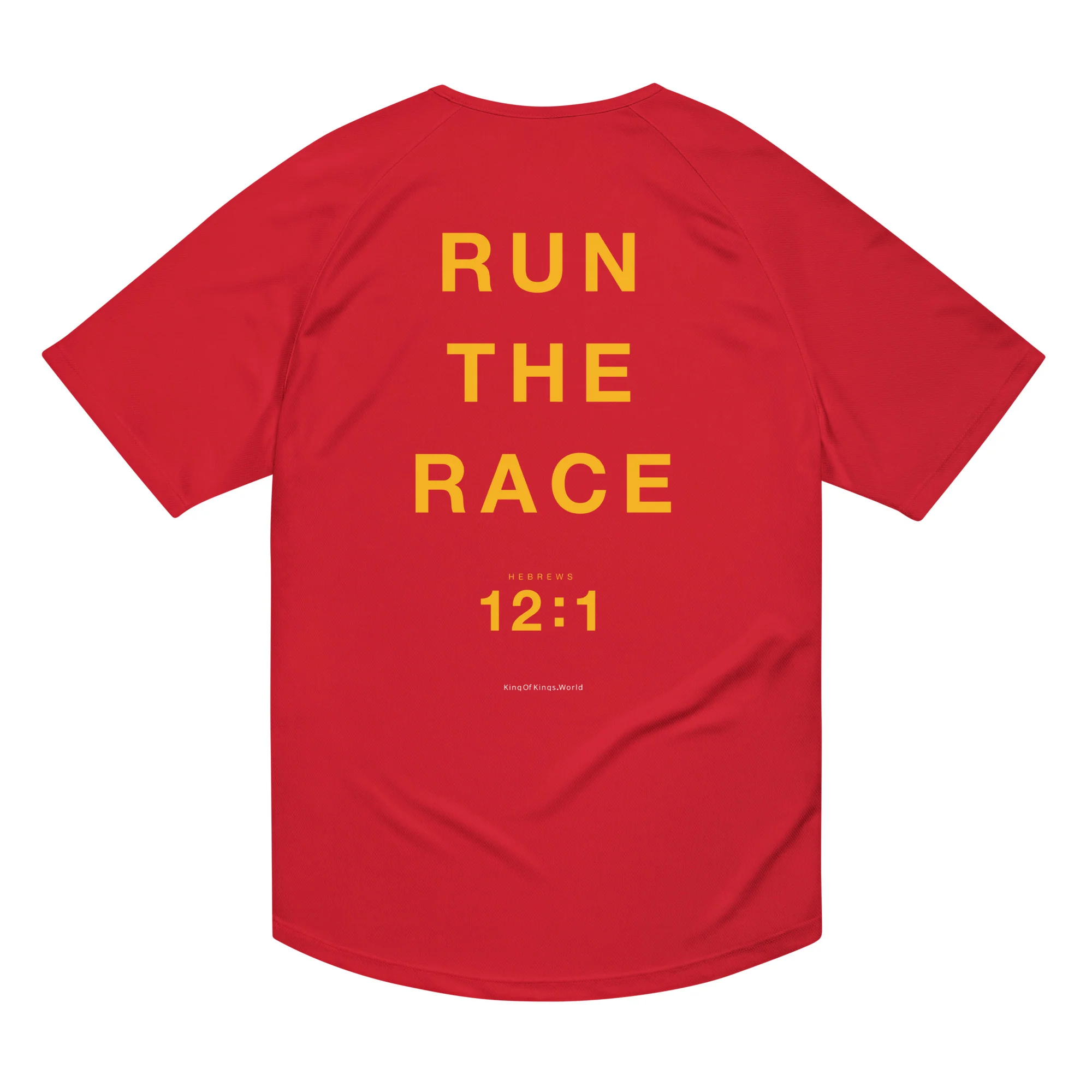 Flat rear view of the red Run the Race jersey showing large gold lettering and Hebrews 12:1