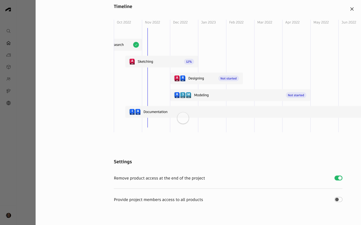 Project overview concept with assignment, timeline, and phase progress