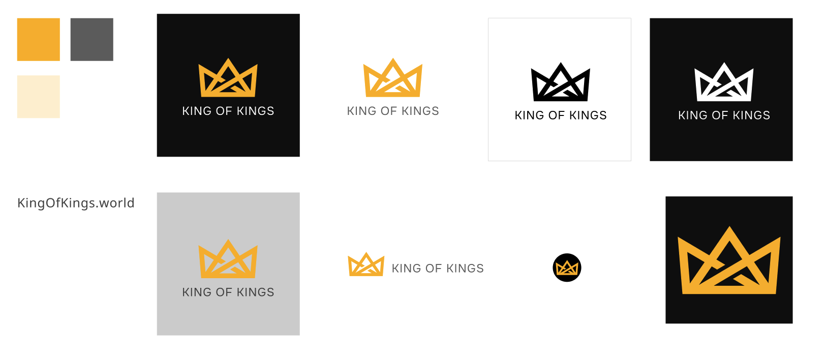 Final King of Kings logo identity system showing the brand color palette, gold, black and white logo variants, stacked and horizontal layouts, and standalone crown applications