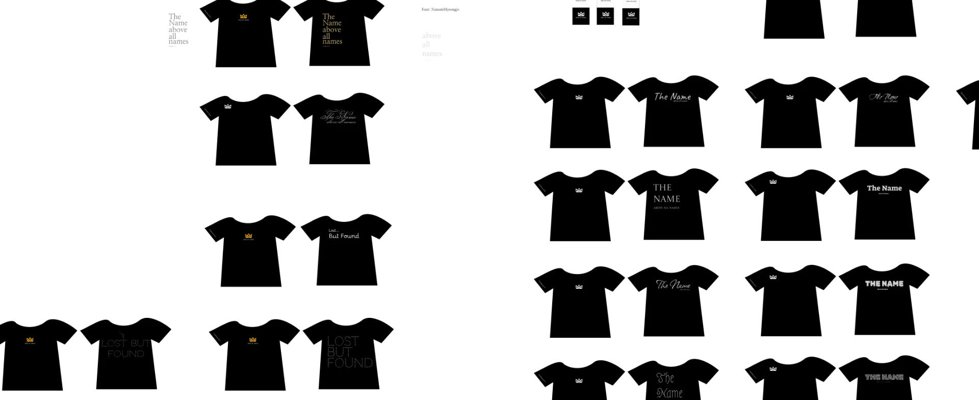 Design exploration board showing King of Kings shirt front and back layouts with varied lettering treatments
