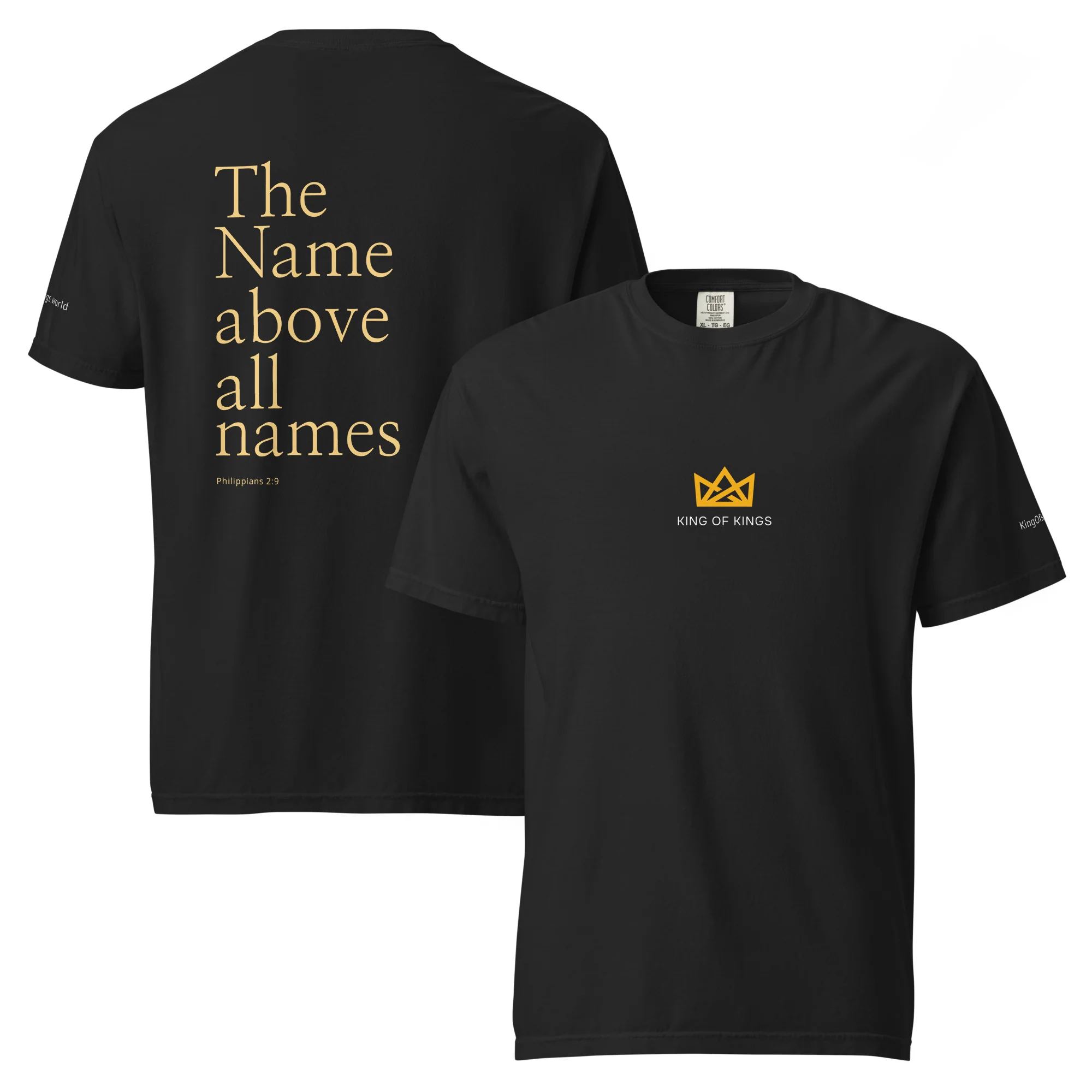 Front and back views of the finished black King of Kings “The Name above all names” T-shirt