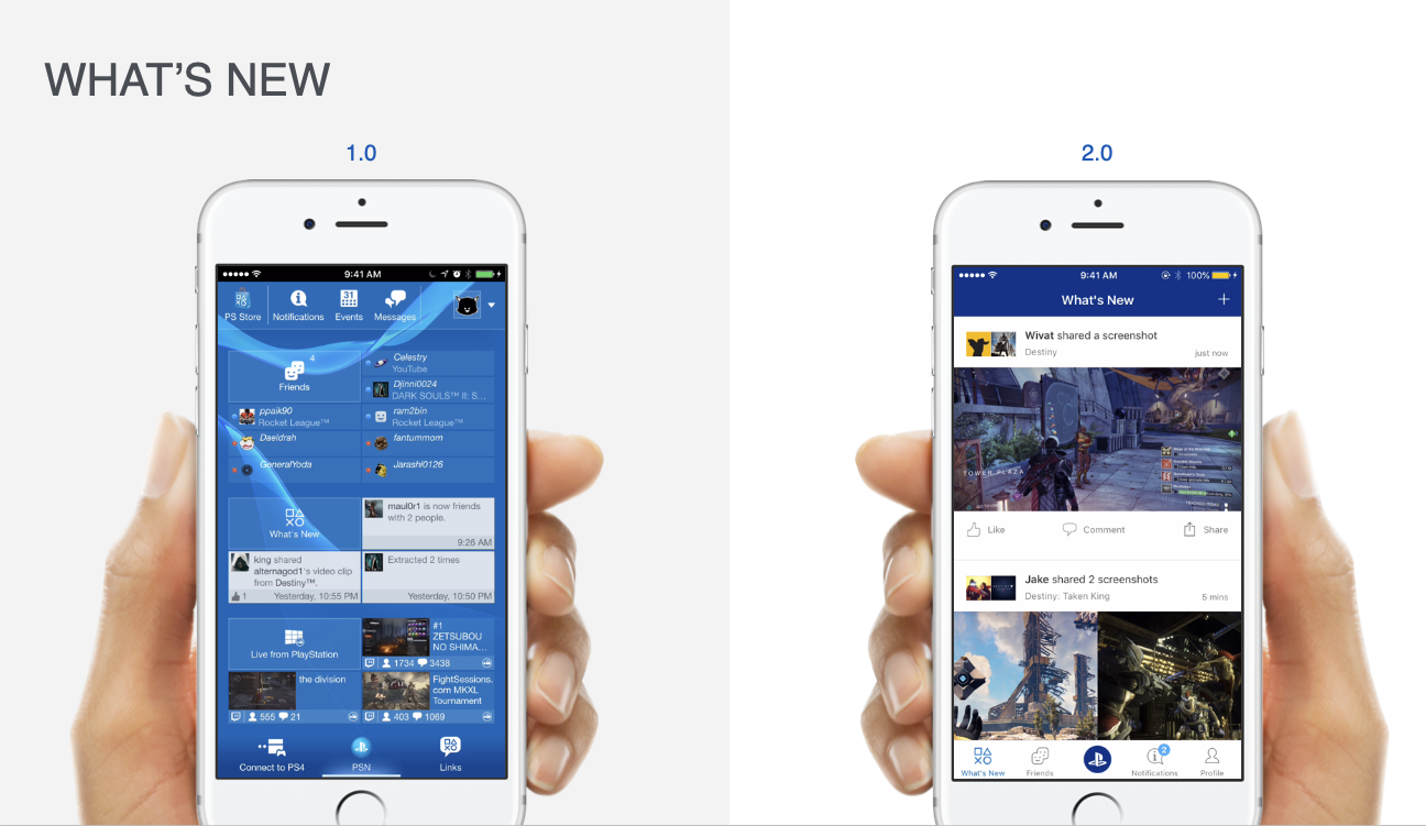 PlayStation mobile What’s New — original 1.0 and redesigned 2.0 interfaces in their phone frames