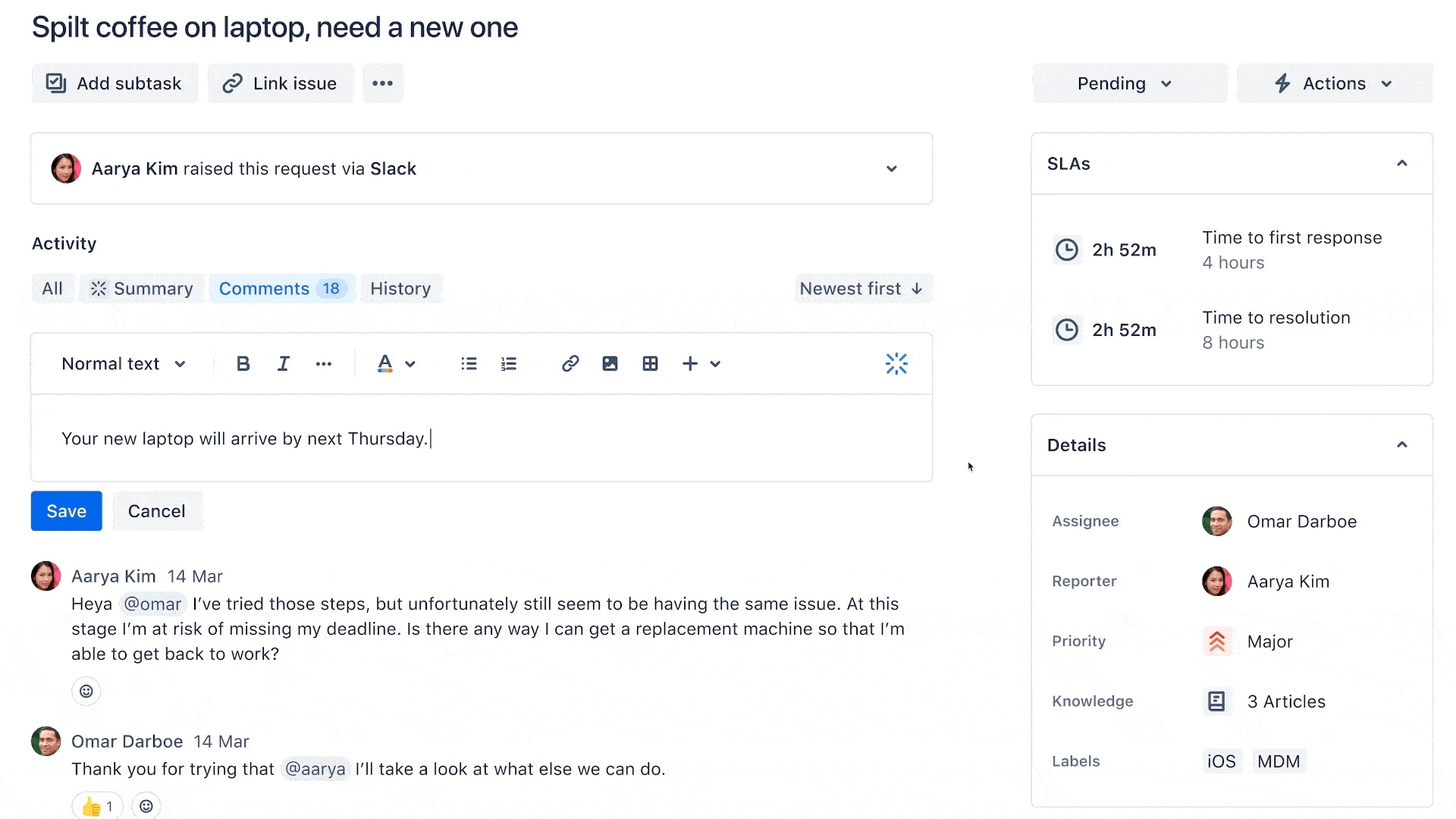 Atlassian Intelligence example — composing a customer-support response in Jira Service Management