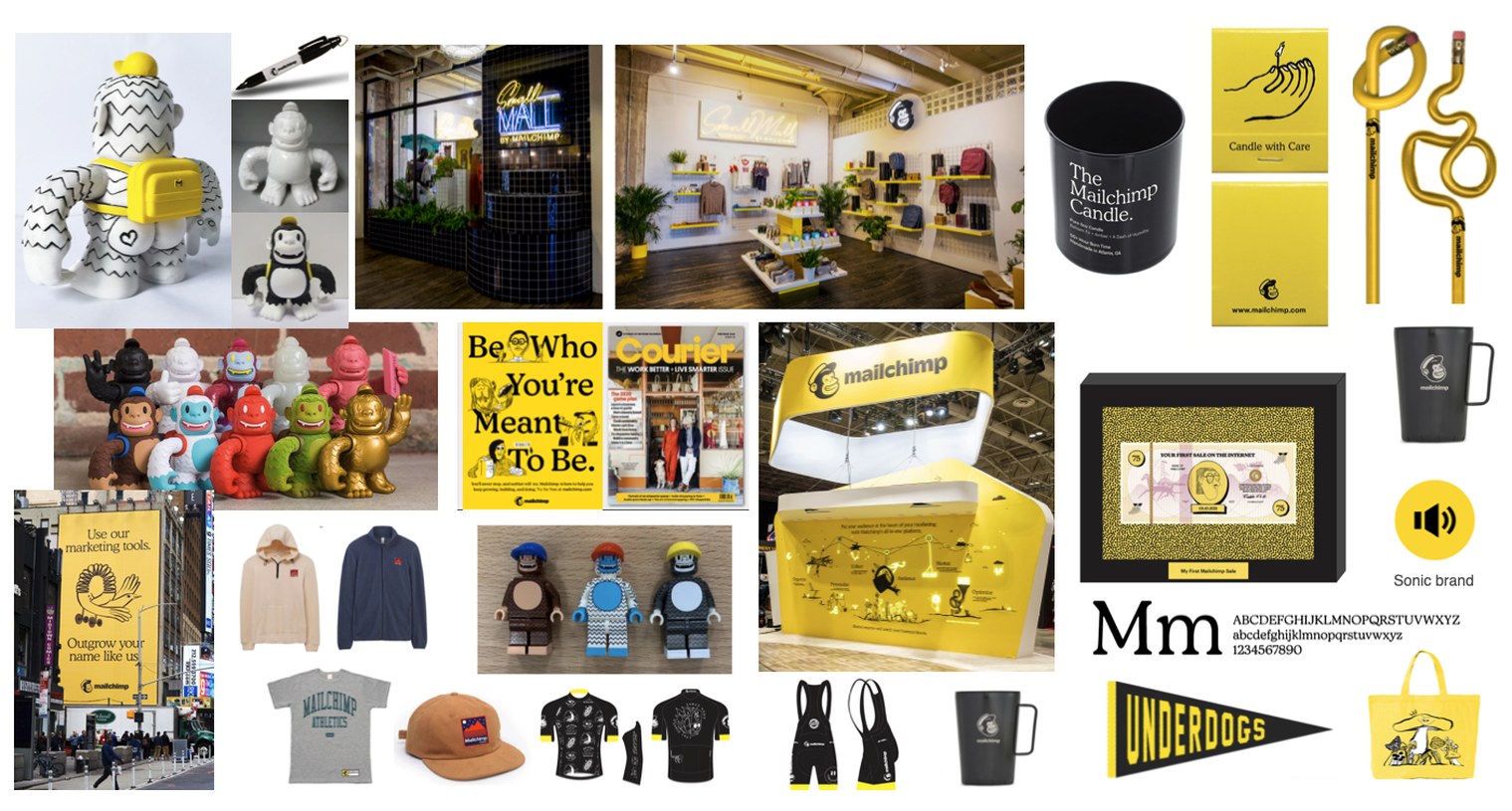 Mailchimp's brand expression across merchandise, retail, campaigns, and print — before and after the redesign