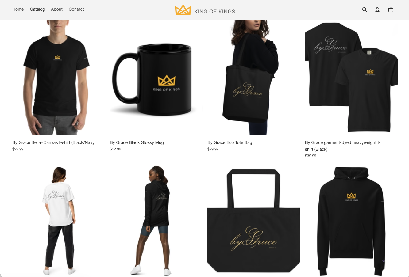 King of Kings online store collection page showing the apparel, mug, and tote product grid