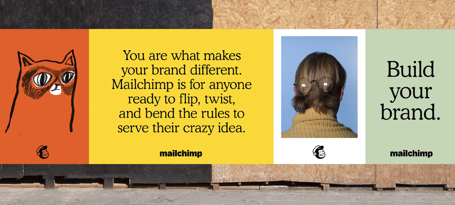 Mailchimp outdoor campaign installation with expressive illustrated and photographic panels