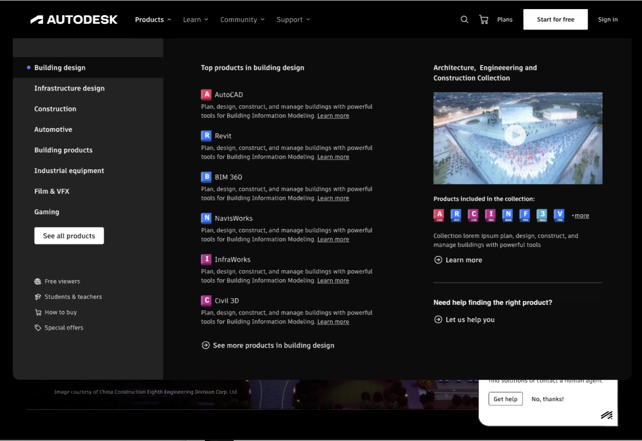 Contextual product menu concept organizing top products by industry
