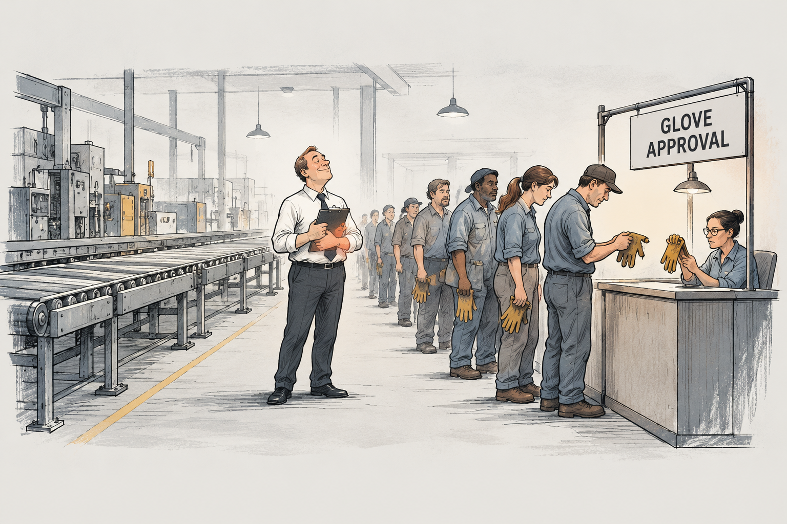 Illustration: a satisfied manager watches workers queue at a glove approval desk while the production line sits idle.