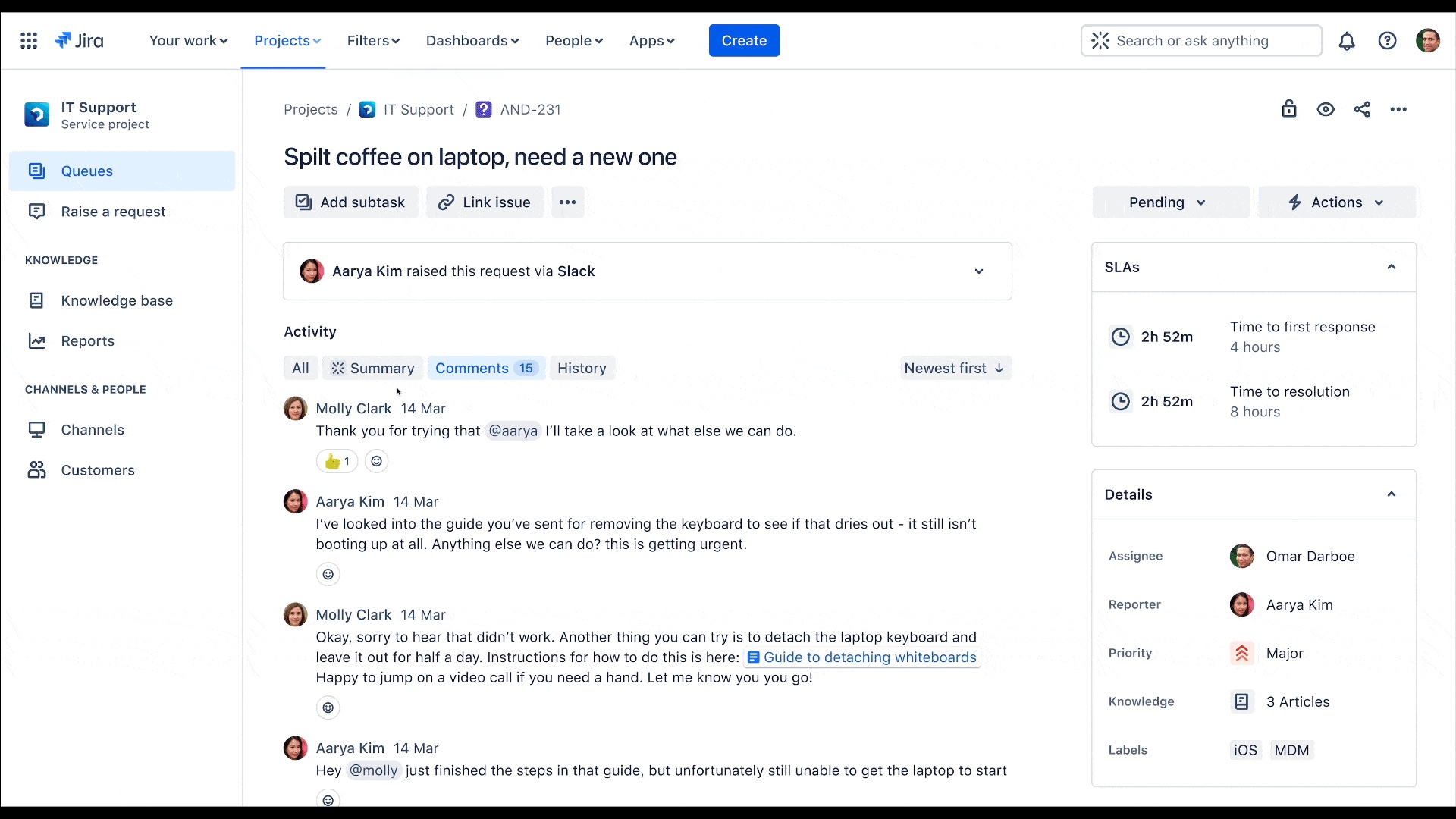 Atlassian Intelligence example — Jira Service Management help-request activity with a summary option