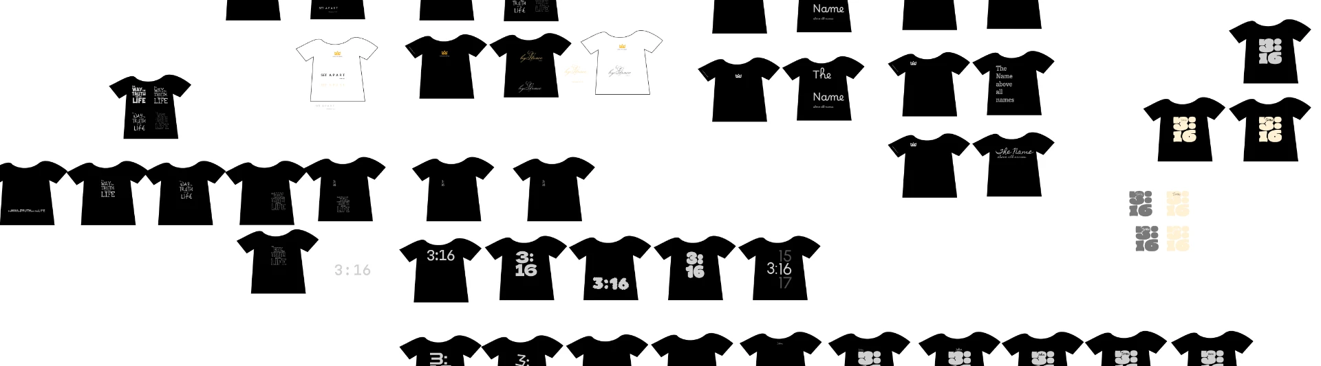 Design exploration board of black King of Kings T-shirt concepts and typographic variations