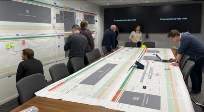 Cross-functional teams reviewing journey maps across a workshop table and walls