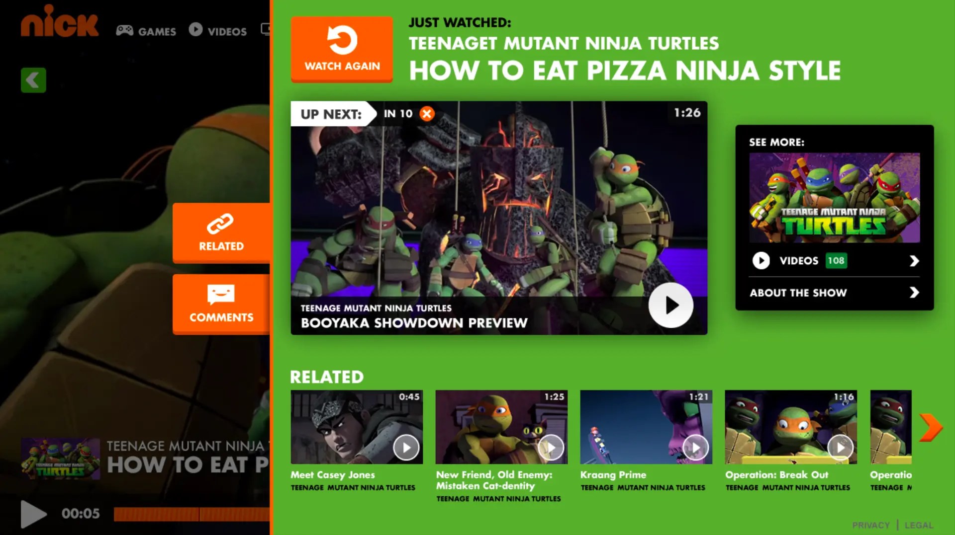 Nick.com video playback end screen with up-next and related videos