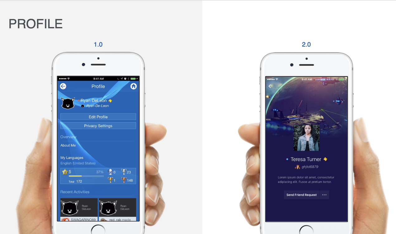 PlayStation mobile Profile — original 1.0 and redesigned 2.0 interfaces in their phone frames
