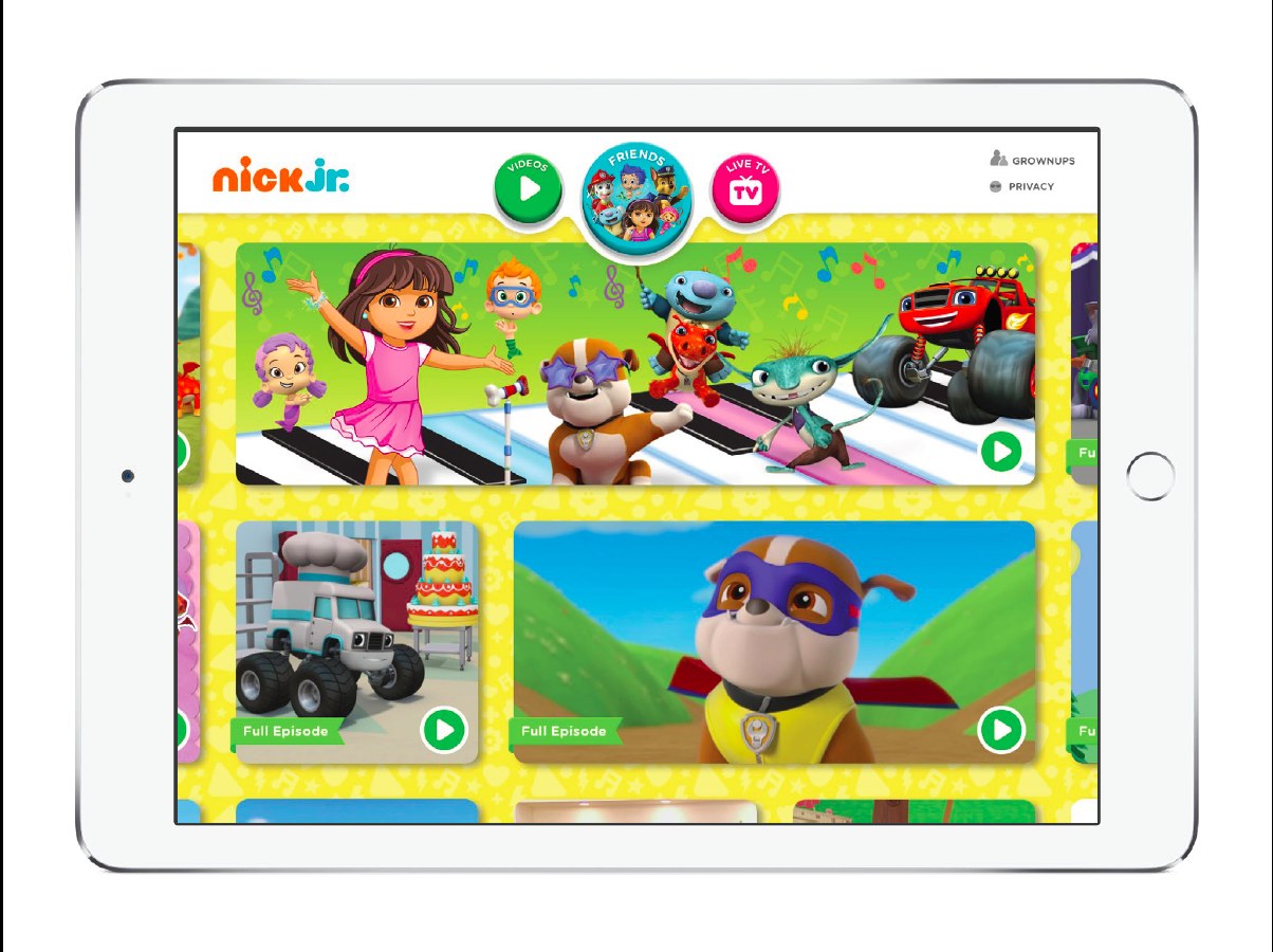Nick Jr. tablet homepage with characters, videos and live TV