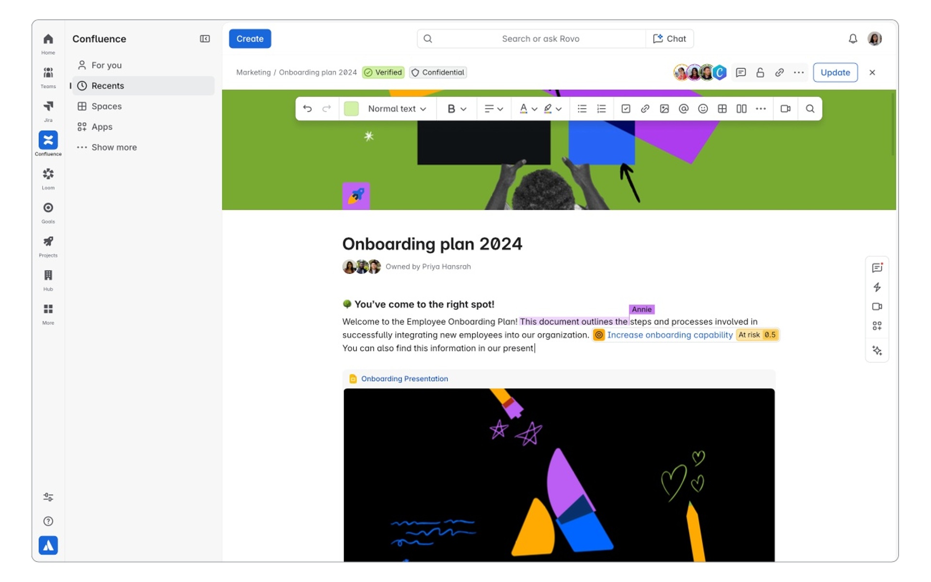 Confluence vision concept with unified navigation and a collaborative onboarding document