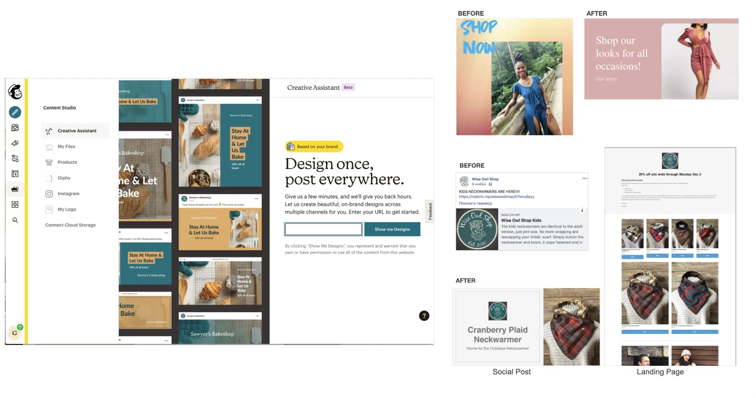Mailchimp Creative Assistant: website URL input, generated on-brand designs, and before-and-after social ads and landing pages