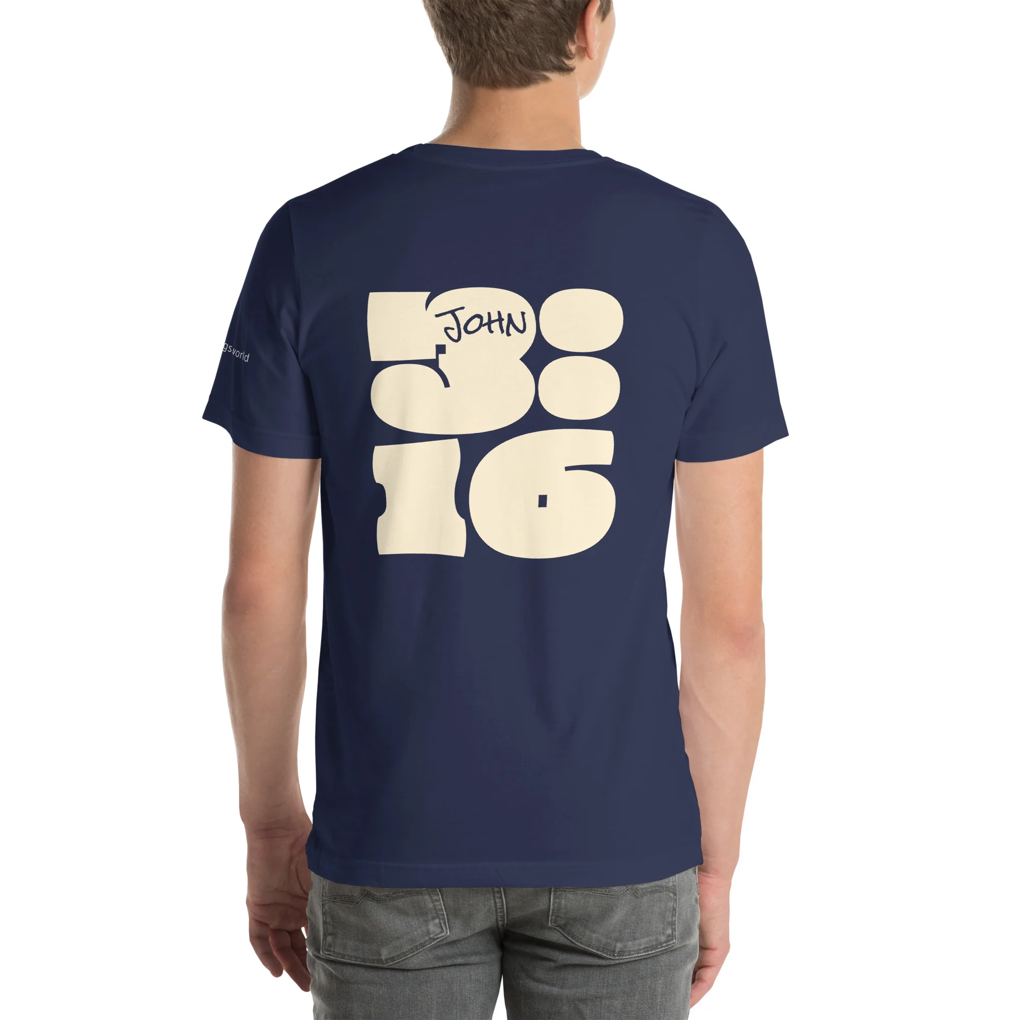 Model photographed from behind wearing the navy King of Kings T-shirt with oversized John 3:16 typography