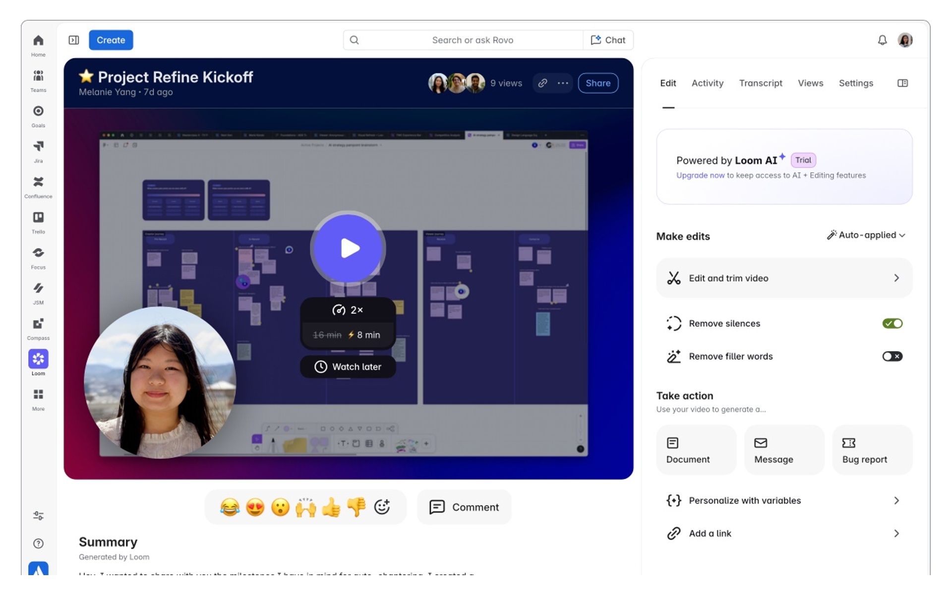 Loom vision concept connecting video, an AI editing panel and generated summaries