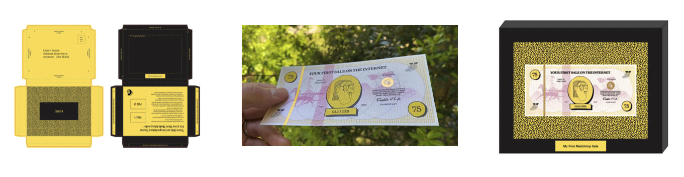 The Mailchimp Dollar — design artwork, the printed first-sale dollar, and its display frame