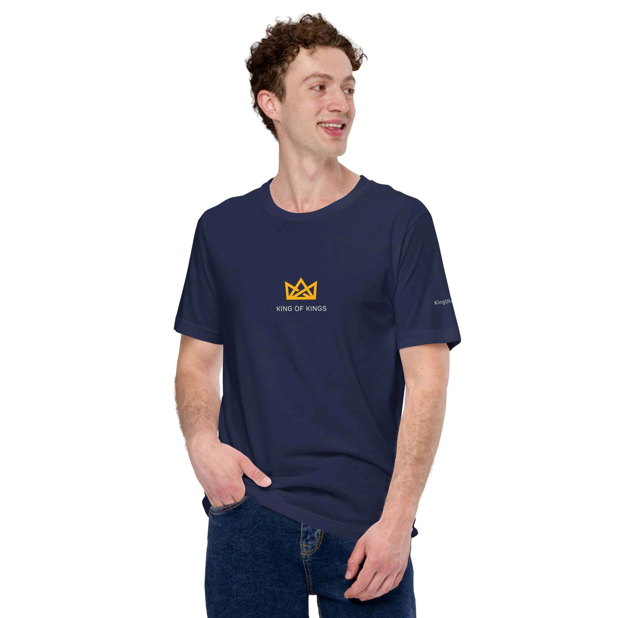 Model wearing the navy King of Kings T-shirt, front view, with the crown and wordmark