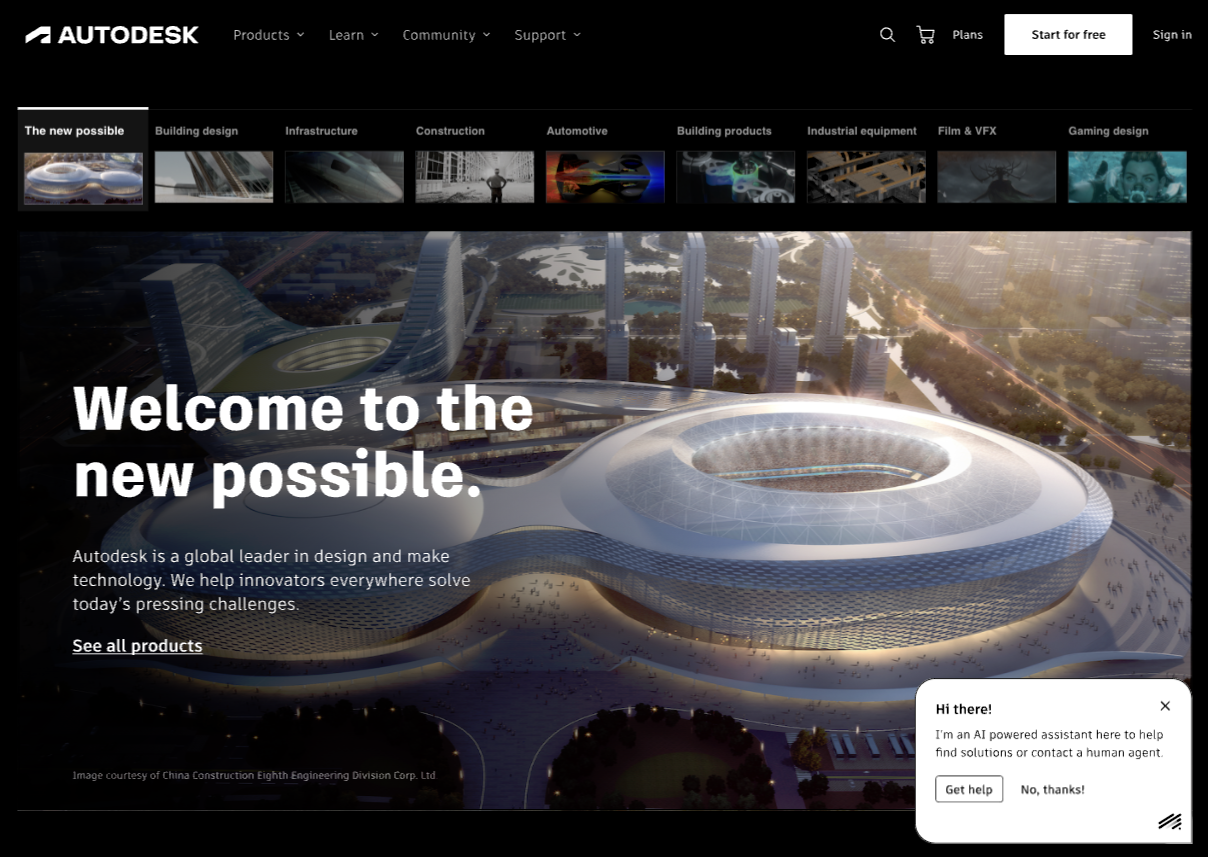 Autodesk homepage concept with industry-based navigation and a welcome message