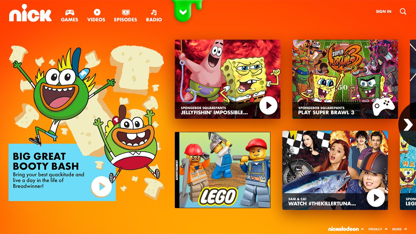 The redesigned Nick.com homepage in vibrant orange
