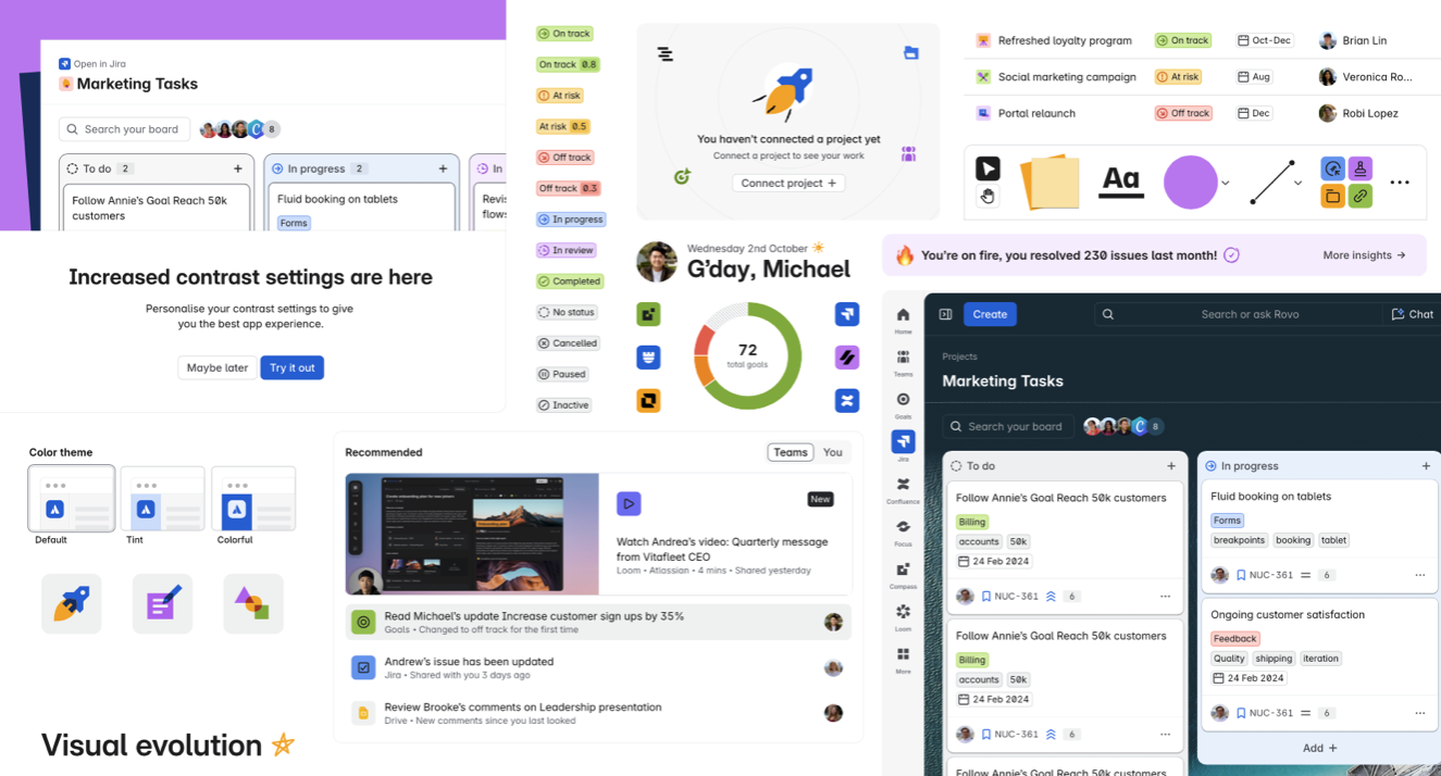 Atlassian product montage — boards, goals, status tracking and a dark-mode project view across the portfolio