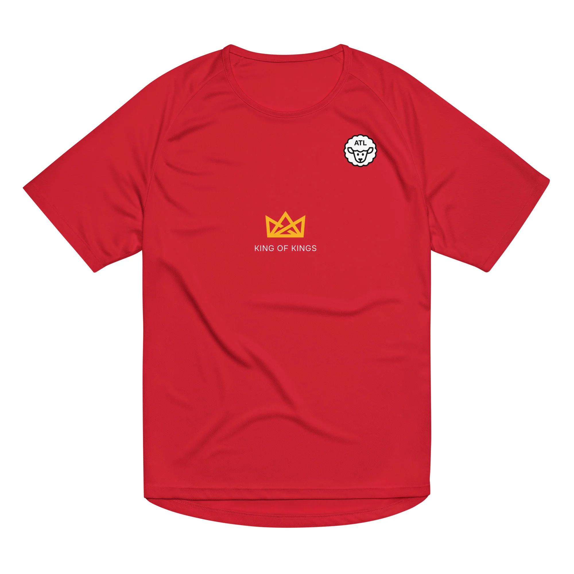 Flat front view of the red Run the Race jersey with the King of Kings crown emblem